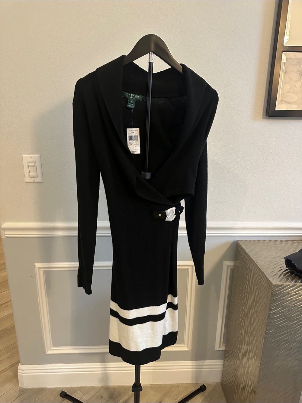 Ralph Lauren Black Knit Wrap Dress with White Band Hem